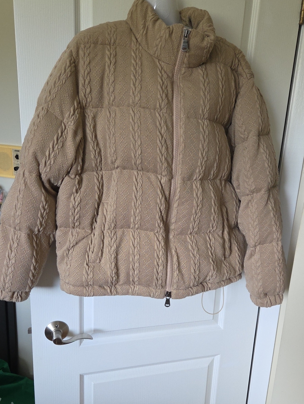 Neutral Beige Cable-Textured Puffer Jacket